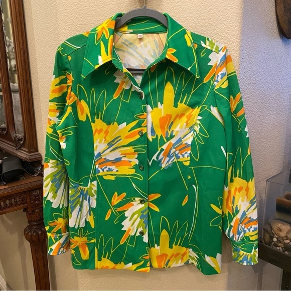 Vintage ALEX GARAY Women Green Yellow Floral Retro Button Shirt Jacket Size 16 - Picture 1 of 7